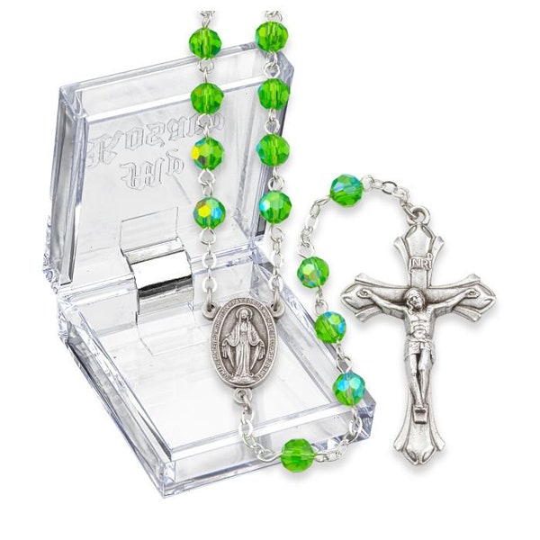 Birthstone Rosary 6mm Aurora Borealis Peridot Crystal Tin Cut August Birthstone Rosary Catholic Gifts