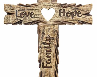 Wall Cross Family Hope Faith Wood Look with Heart 12" Hand Painted New