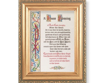 Catholic House Blessing Print 4-1/2" x 6-1/2" with Gold Antique Frame New