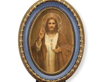 Sacred Heart of Jesus Chambers Print in Oval Gold-Leaf Frame 5.5"x7" Italian Gold-Stamped