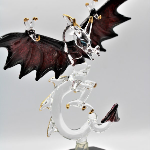 Dragon Figure Glass Hand Blown Spun Glass Lampworked on Wood base Large 7" Tall Fantasy Gifts New