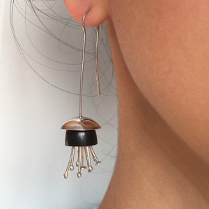 Contemporary Earrings, Modern Wooden Jewelry, 5th Anniversary Gift for Her, Ebony Wood Sterling Silver Accessory, Unusual Jewelry for Women