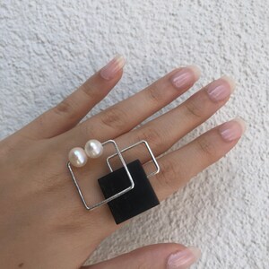 Architectural Ring, Modern Statement Ring, Ebony Wood SilverJewelry, 5th Anniversary Gift, Geometrical Pearls Ring, Wooden Accessory for Her