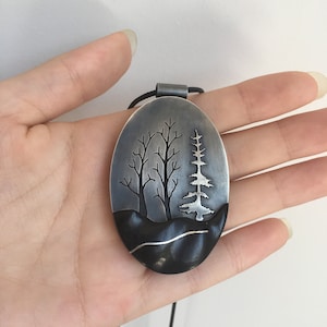 Oval Forest Pendant, Ebony Wood Silver Necklace, 5th Anniversary Gift, Landscape Jewelry, Wooden Jewelry Gift, Wooden Accessory for Women