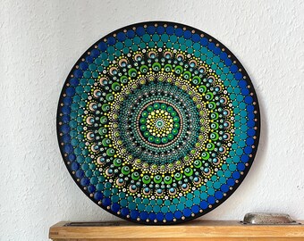 Green & Blue, hand-painted mandala record, dot painting on vinyl, dot art gift, wall art, meditation, anti-stress, unique, yoga