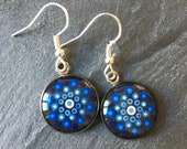 Hand-painted round dot art mandala earrings, dots, detailed in silver version, blue, lightweight & playful