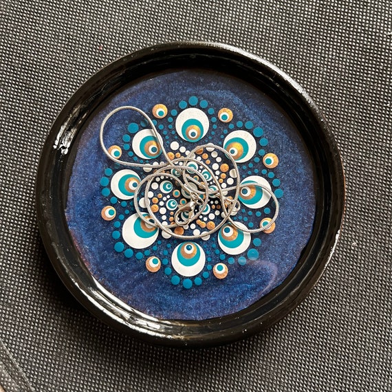 unique piece unique piece with dot painting ring bowl jewelry shelf blue & white dot art gift Hand-painted mandala coaster