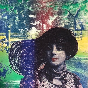 May include: A woman wearing a large, dark hat with a floral patterned dress. The background is a blurred image of a green field and trees.