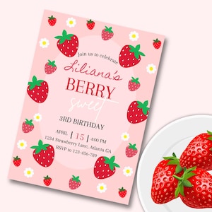 Invito di compleanno DIGITALE Berry Sweet, invito, compleanno di ragazze, modello modificabile, invito via e-mail, download immediato, fragole e margherite