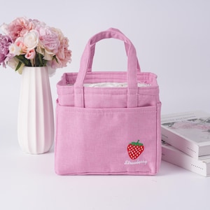 Handmade Embroidered Strawberry/Grapes/Blueberry/Watermelon/Mango Drawstring Lunch Bag,2 side pockets and 1 front pocket,Back to School Gift