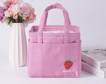 Handmade Embroidered Strawberry/Grapes/Blueberry/Watermelon/Mango Drawstring Lunch Bag,2 side pockets and front pocket