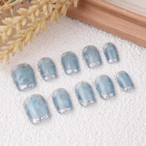 Blue Cat Eye Short Square Nails,Glitter Silver Accents,Reusable Premiun Press on,Fake Nail for Holiday Vacation Prom Beach,BACK TO SCHOOL