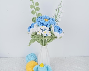 6Pack Handmade Crochet Flower Bouquet - Peony & Rose Arrangement - Knitted Floral Decor, Graduation Gifts