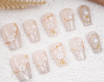 Elegant Cat Eye Cherry Blossom Short Coffin Press On Nails,Handmade Nails,Flower Gold Liner Nails,Pink Wedding Nail,Birthday Gifts