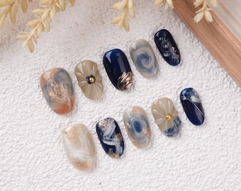 Blue White Smudge Press on Nails,Golden Accents,Reusable Almond Nails,Handmade Spring Nails,Birthday Gifts