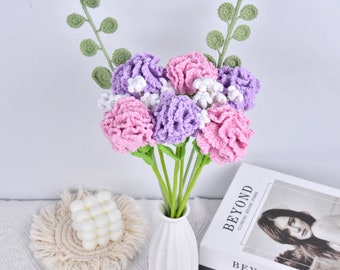 10Pack Carnation & Baby's breath Crochet Flowers Bouquet,Everlasting Flowers,Unique Gifts for Mom