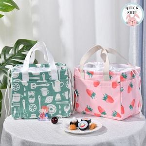 Pink Strawberry Green Handmade Canvas Lunch Bag,Side Pockets Lunch Tote Bag,Drawstring Tote Bag Outdoor,Bag Heat Insulated,Back to School