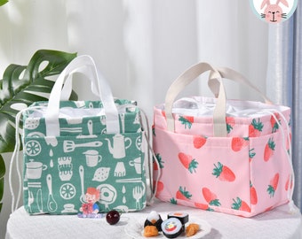 Pink Strawberry Green Handmade Canvas Lunch Bag,Side Pockets Lunch Tote Bag,Drawstring Tote Bag Outdoor,Bag Heat Insulated,Back to School