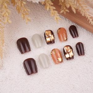Handmade Chocolate Brown Gold Foil Premium Short Press on Nails,Reusable Gel Nails,Durable Nails,Glitter Nails For Birthday Gifts