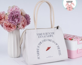 Croissant Canvas Lunch Tote Bag,Handmade Insulated Lunch Tote Keep Warming Grocery Bag,Personalized Lunch Box Handbag