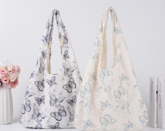 Lightweight Cotton Single Shoulder Bag, Lace Butterfly Design, Soft Totes for Women, Student, Work, Summer Basket Purse