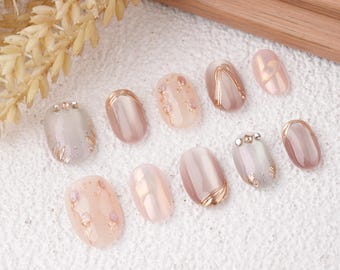 Pink & Blue Cat Eye Floral Press on Nails,Short Oval Nails,Gold Details,Purple Flowers,Perfect For Wedding,Event,Party,Holiday or Gifts