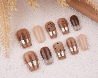 Caramel Cream Premium Short Press on Nails,Hand painted Custom Nails,Nude Nails,Birthday Gift,Perfect Gift For Party,Birthday Gifts