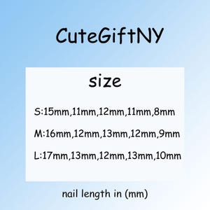 May include: Image with the text "CuteGiftNY" at the top. Below is the word "size" followed by nail length measurements in millimeters for sizes S, M, and L. The text "nail length in (mm)" is at the bottom.