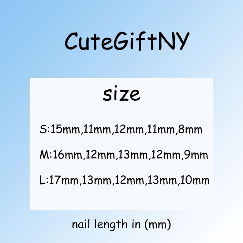May include: Image with the text "CuteGiftNY" at the top. Below is the word "size" followed by nail length measurements in millimeters for sizes S, M, and L. The text "nail length in (mm)" is at the bottom.
