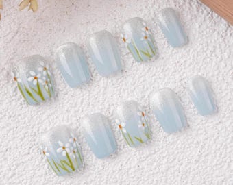 Light Blue Baby's Breath Press on Nails,Glitter Short Square Nails,Ideal for Weddings Galas and Occasions,Handmade False Nail,Birthday Gifts
