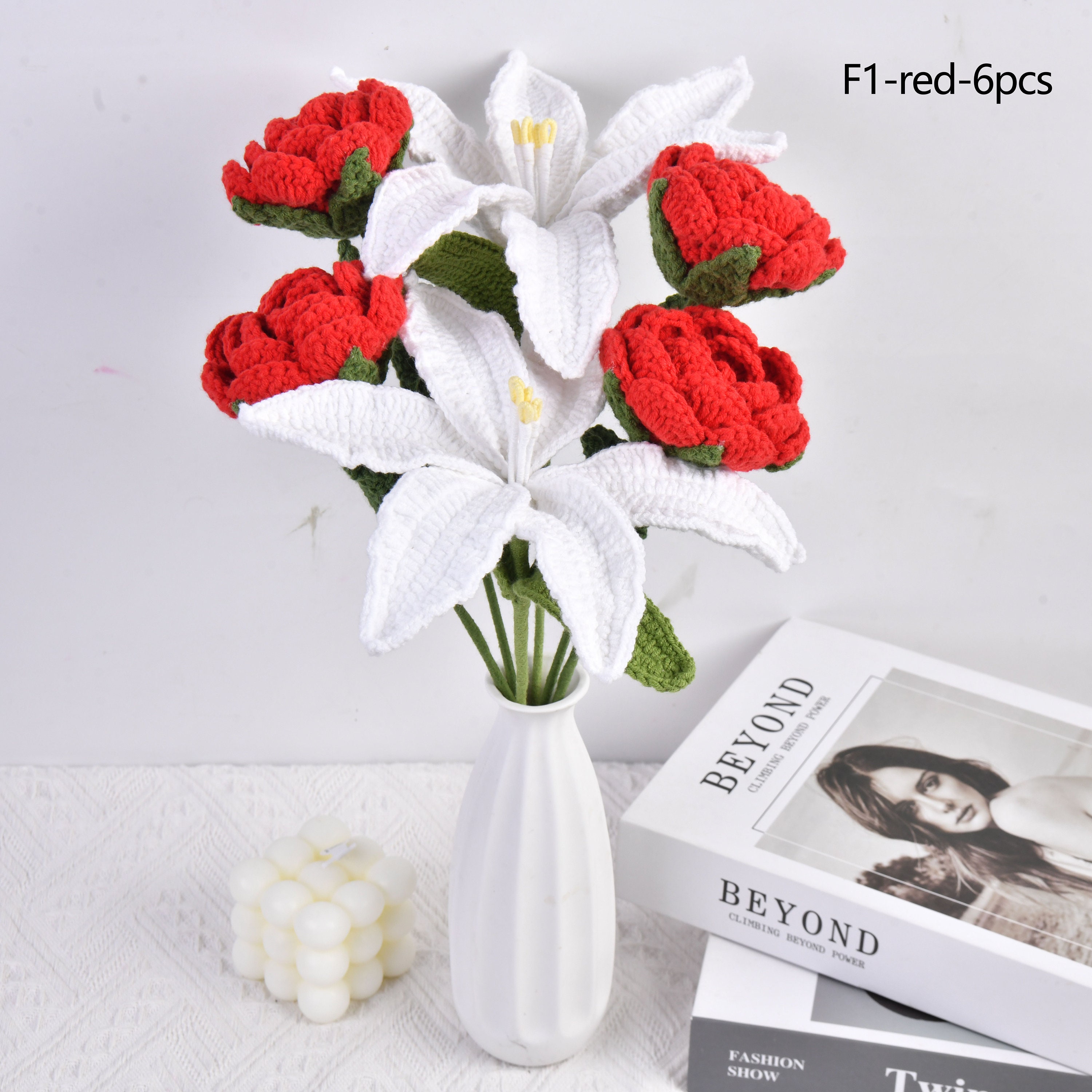 6pcs Crochet Rose Bouquet,white Lily Flower Bouquet Knitted,lily