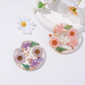 Set of 2 Daisy & Green Leaves Car Coasters, Floral Coasters with Gold Leaf, Cup Holder Insert, Car Accessories, Gift for New Driver
