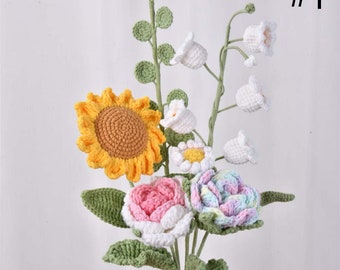 6Pack Crochet Flower Bouquet, Rose Daisy Lily of the Valley Handmade Knitted Eternal Flower, Bridal Bouquet, Birthday Gift