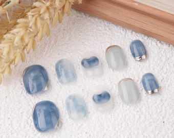 White Blue Smudge Press on Nails,3D Heart Nails,Silver Charms,Handmade Reusable Nails,Premium Nails for Party,Prom,Event,Birthday Gift