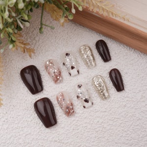 Brown Glitter Short Coffin Press On Nails For Spring,Amber Nails,Nude Nails,Reusable Nails,Gift For Wife,Girlfriend,Birthday Gifts