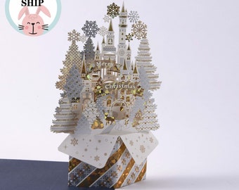 Tarjeta navideña desplegable con castillo 3D, copo de nieve, papel, regalo festivo, felicitación, cumpleaños, niños, amigos, Navidad.