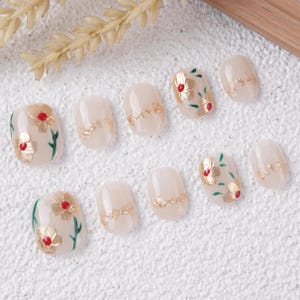 Simple Floral Nails,Hand Painted Green Leaves Gold Flowers Nails,Luxury Nails,White Nails,Reusable Premium Nails,Birthday/Wedding Gifts