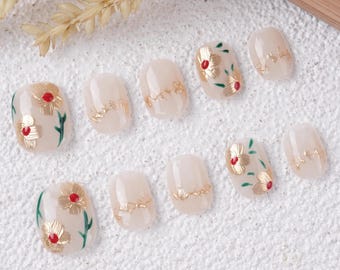 Simple Floral Nails,Hand Painted Green Leaves Gold Flowers Nails,Luxury Nails,White Nails,Reusable Premium Nails,Birthday/Wedding Gifts