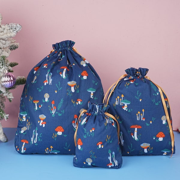 Navy Mushroom Drawstring Gift Bag, Handmade Plant Cotton Bag,Eco-Friendly Gift Bag For Packing,Holiday,Birthday,Wedding, Party Favors