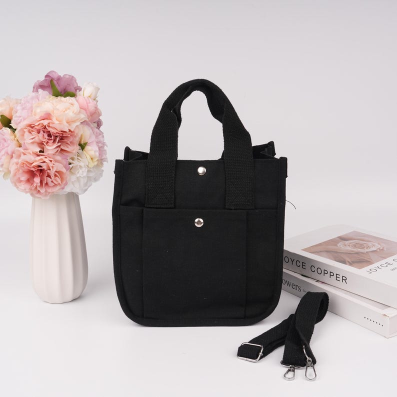 Small Canvas Tote Bag, Handmade Magnetic Buckle Purse, Aesthetic Work Tote, Vacation Bag, Wedding Favors, Everyday Tote, BirthdayGifts Black