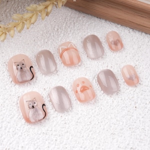 Popular Cats Hand Paint Press on Nails,Gel Fake Nails,Cute Trendy Nails,Reusable Nails,Kawaii Short Coffin Nails,Birthday/Summer Gifts