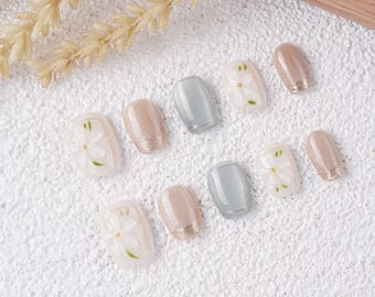 3D White Flower Press on Nails,Simple Cat Eye Nail,Spring Summer Short Nail,Gifts for her,Summer Gifts