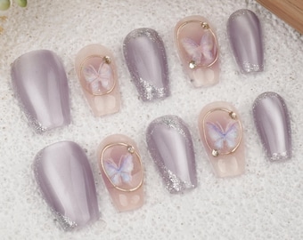 Purple Butterfly Crystal Cat Eye Press On Nails,Short Coffin Nails,Glitter Nails For Birthday,Event Party,Wedding,Prom,Summer Gifts