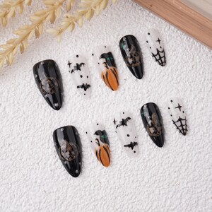 Black White Halloween Press on Nails: Hand-painted Bat and Spider Web Glitter Pumpkin Black Polka Dot  Almond Shape Handmade Reusable
