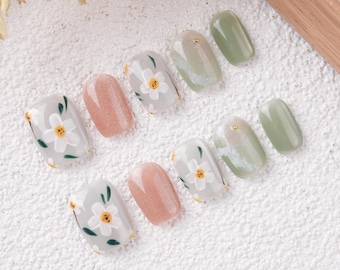 White Smile Flowers Press on Nails,Green Pink Short Square Nails,Cat Eye Nails for Party,Holiday,Birthday,Hand Painted Press on Nails