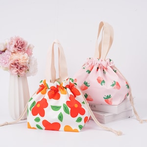 Japanese Bento Bag,Strawberry/Red Flowers Drawstring Lunch Bag,Organizer Bag,Strawberry Handbag For Kids,Cute Snack Bag,Back to School Bag