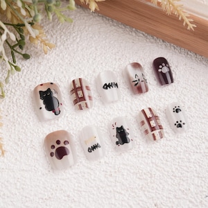 Cute Brown Black Kitten Nails,Short Coffin Press on Nails,Cat&#39;s Paw Armor,Fake nails,Kawaii hand made nails,Cute animal nails,Reusable nails