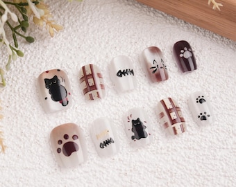 Cute Brown Black Kitten Nails,Short Coffin Press on Nails,Cat's Paw Armor,Reusable,Gift for Pet Lover