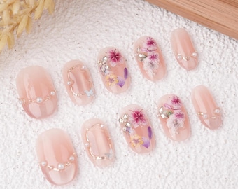 Pink Purple Flowers Press on Nails with Pearl Charms,Elegant French Tip Nails,Butterfly Nails,Wedding Nails,Perfect for Party,Daily,Or Gifts