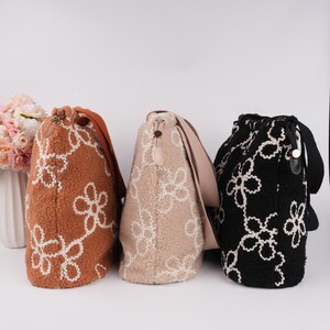 Fluffy Tote with Flowers,Large Plush Bag,Soft Fluffy Shoulder Bag,Travel or Weekend Bag,Women's Drawstring Bags,Perfect for Birthday image 2